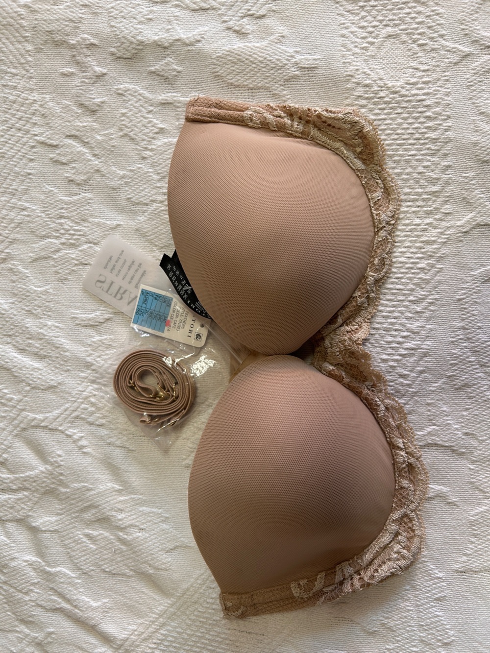 Natori Women’s Size 34 C Neutral Cafe  Lace-Trim Strapless Bra Feathers 731023